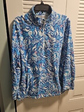 Talbots Blue White Nautical Shell Print Quarter-Zip Jacket